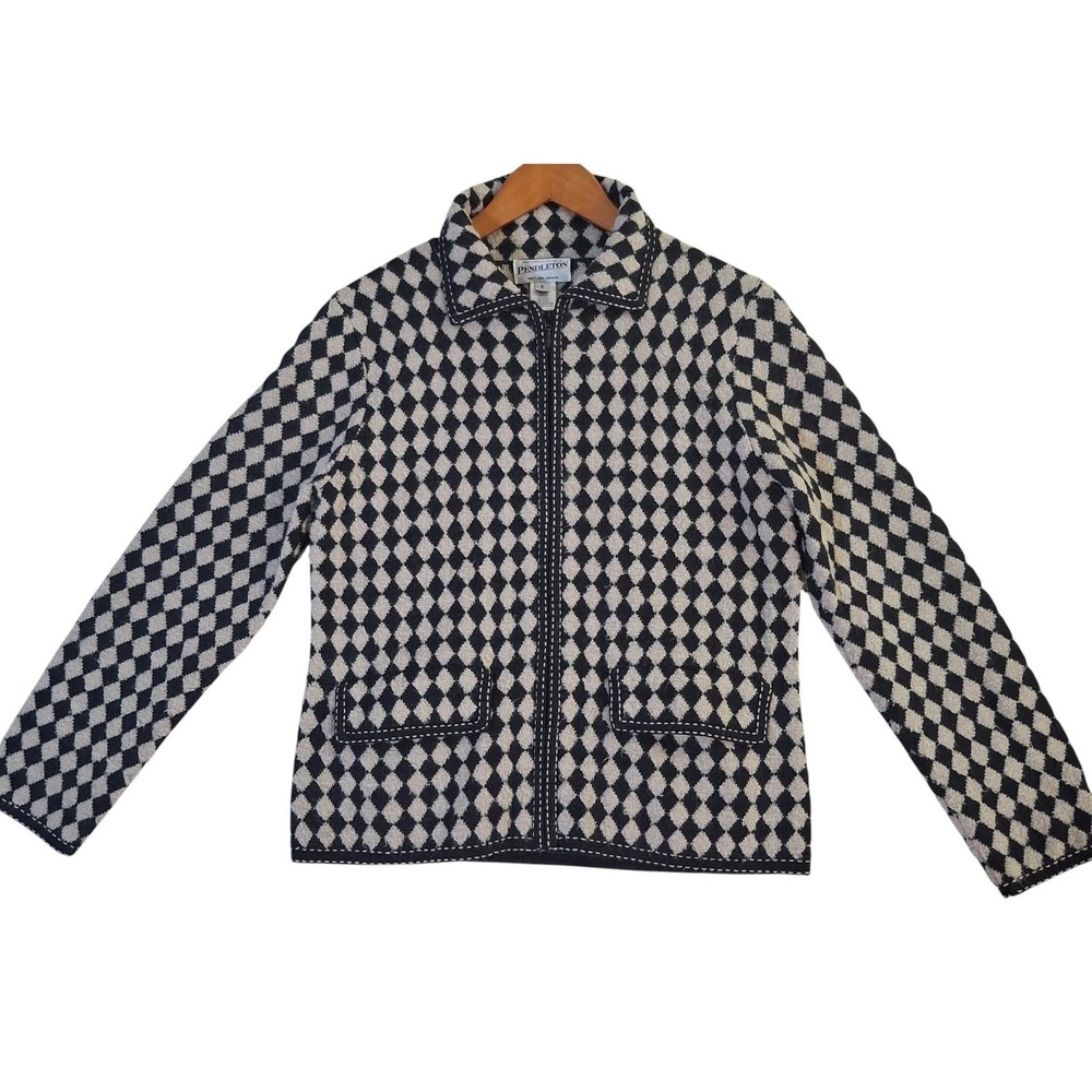 Vintage Pendleton Sweater Jacket Womens Small Black White Wool Zip 90s Harlequin
